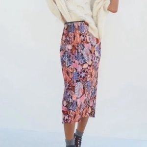ANTHROPOLOGIE Maeve Tilda Pleated Floral Velvet Pull On Midi Skirt Coral size M